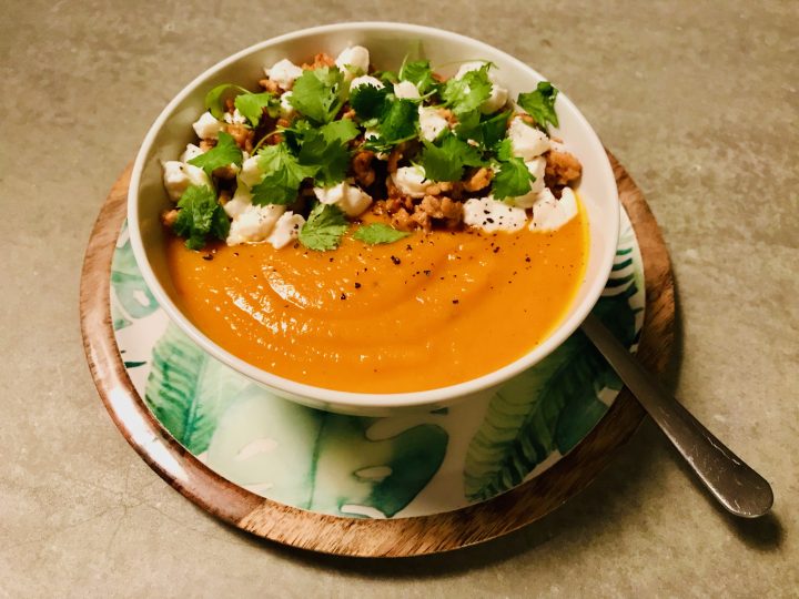 Pumpkin Soup with Chicken and Goat Cheese