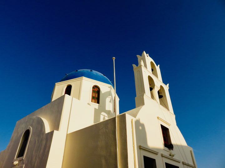 Church with blue roof Santorini Greece, Greek Cyclades Travel Blog