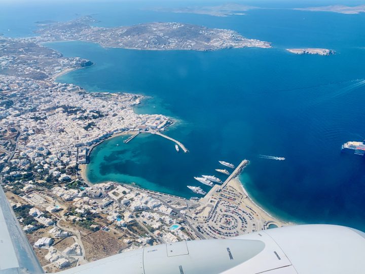 Mykonos town from thy plane for blog Mykonos Greece, Greek Cyclades Travel Blog