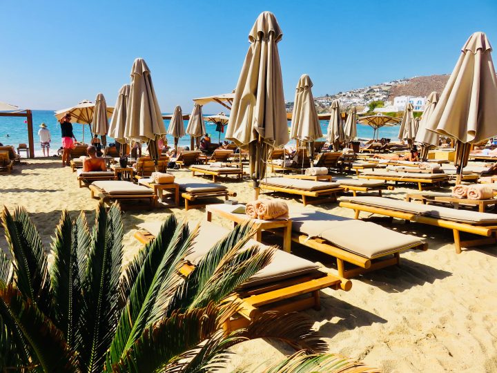 Sun beds Branco beach club Mykonos Greece, Greek Cyclades Travel Blog