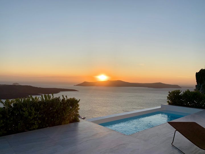 Accomodation White Ark Pool site during Sunset Santorini Greece, Greek Cyclades Travel Blog