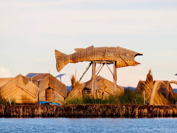 Big fish statue at the Islas Uros in Puno Peru, Travel blog Peru