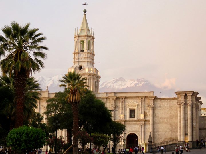 Plaza de Armas with church and volcanoes in Arequipa Peru, Travel Blog Peru