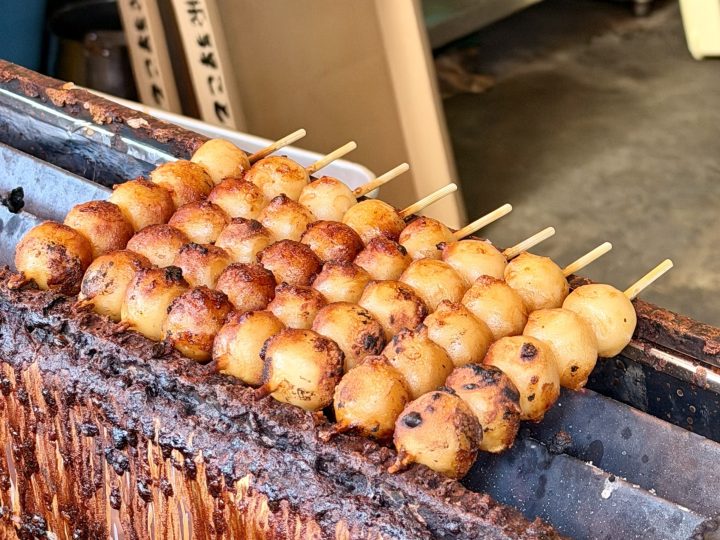 Mitarashi dango grilled rice dumplings in Takayama