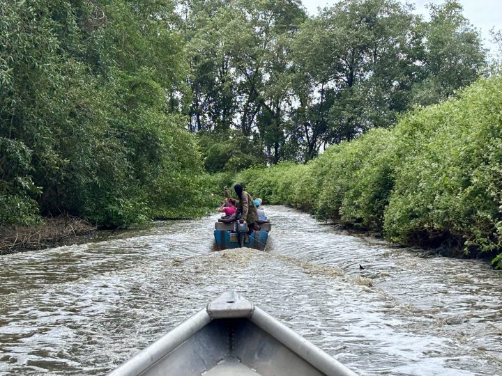 Boat crossing the shallow waters of Bigi Pan Suriname