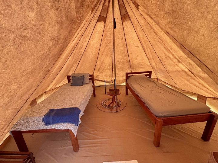 Inside a glamping tent at Seliba Suriname