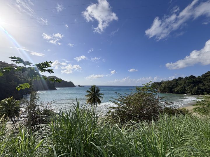 Quiet Bloody Bay Beach surrounded by green hills in Tobago