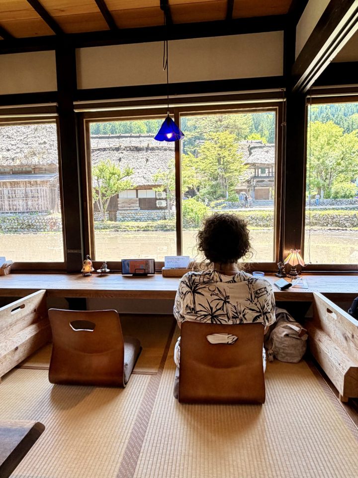 Mirja having a cappuccino at Kyoshu Traditional Coffee Shop in Shirakawago