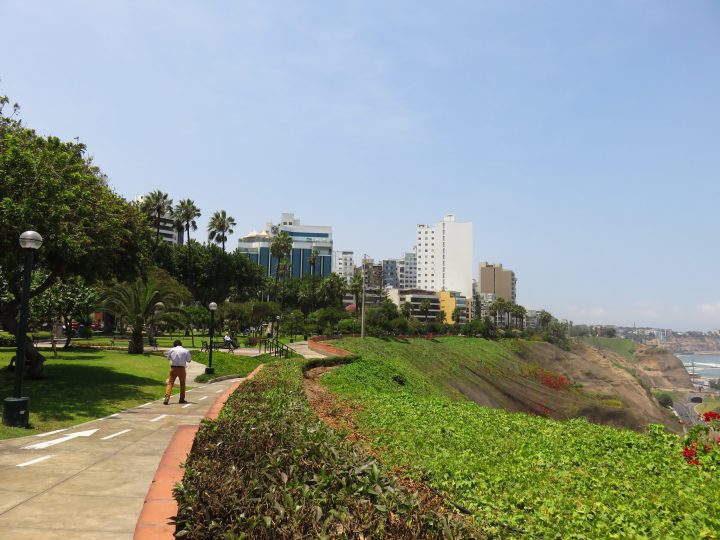Walking path and green park along the Malecón in Miraflores Lima