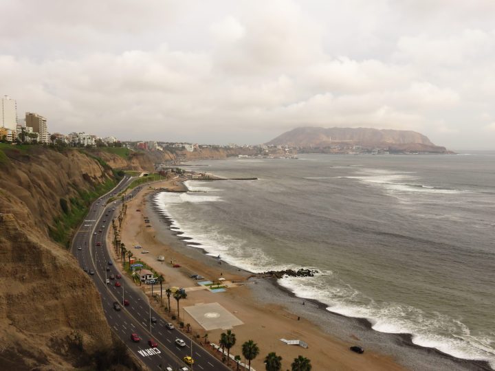 View over the Miraflores cliffs, Costa Verde and Pacific Ocean in Lima Peru