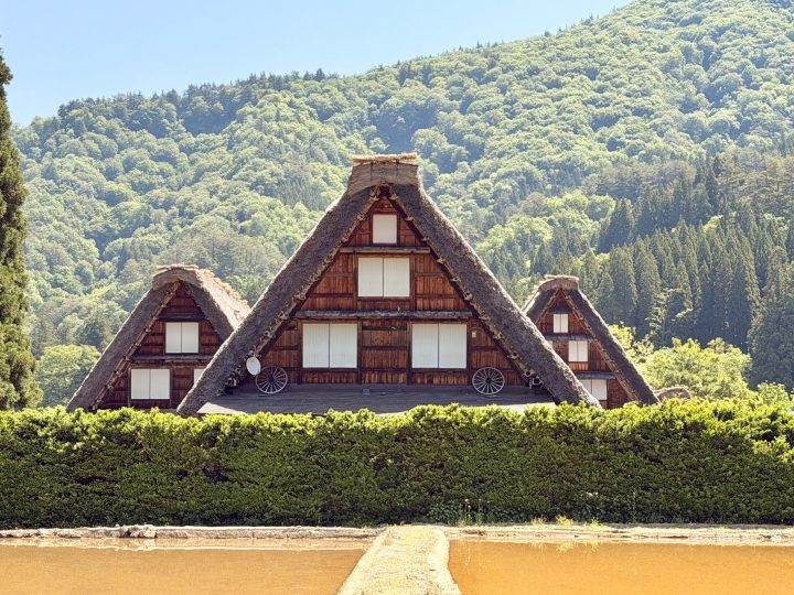 Close-up of the famous three houses in Shirakawago
