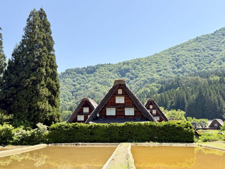 Famous three Shirakawago houses surrounded by mountains