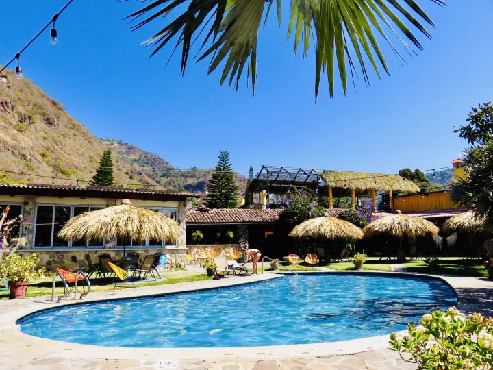 Pool and garden at Socialtel Atitlan in Panajachel, Guatemala