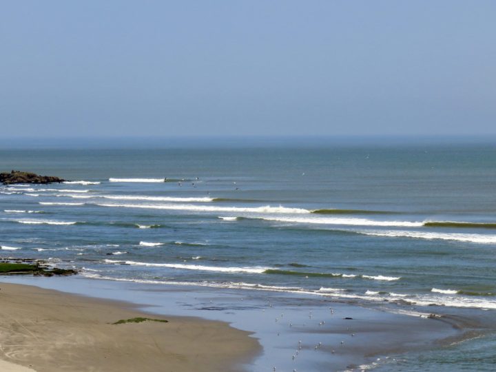 Surfers on the long left hand waves at Chicama Peru