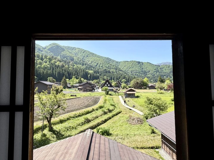 View through a window inside Wada House in Shirakawago